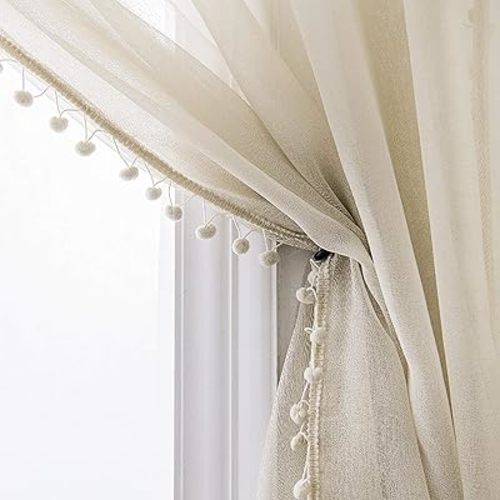 MISS SELECTEX Linen Look Pom Pom Tasseled Sheer Curtains - Rod Pocket Voile Semi-Sheer Curtains for Living and Bedroom, Set of 2 Curtain Panels (52 x 84 inch, Nature)