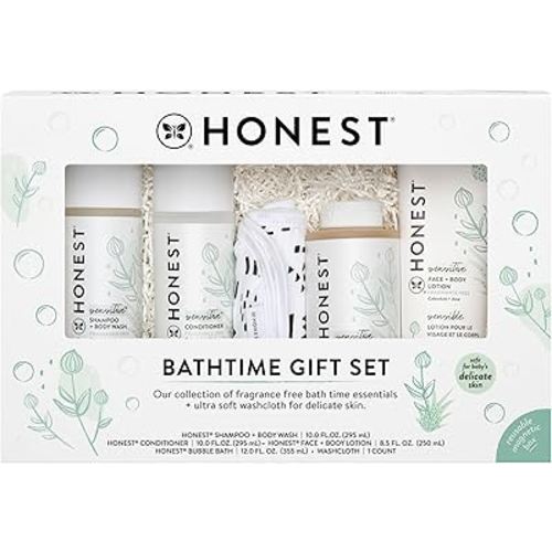 The Honest Company Fragrance Free Bathtime Gift Set | Hypoallergenic Bath Essentials for Sensitive Skin | Shampoo + Body Wash, Face + Body Lotion, Bubble Bath, Conditioner, Wash Cloth