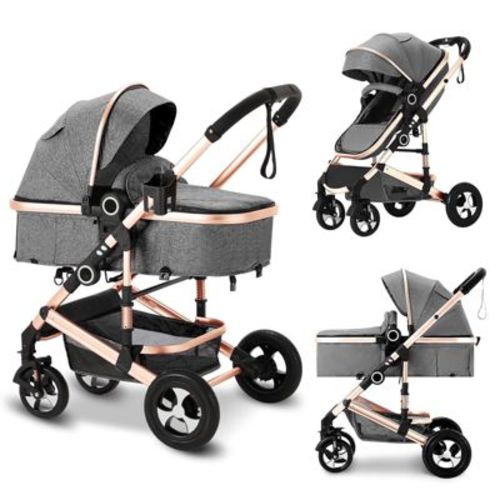 Kinder King Cozi 2 Convertible Baby Stroller, Folding High Landscape Infant Carriage, Adjustable Canopy, Diaper Bag, Anti-Shock, Light Gray