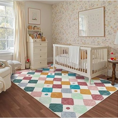 jinchan Macy 5x7 Area Rug for Kids Room Modern Colorful Nursery Rug Checkered Diamond Play Mat Washable Soft Non Slip Carpet for Playroom Classroom Bedroom Dorm Daycare Living Room Confetti on Cream