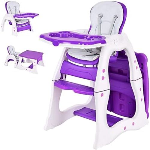 Costzon Baby High Chair, 3 in 1 Infant Table and Chair Set, Convertible Booster Seat with 3-Position Adjustable Feeding Tray, Adjustable Seat Back, 5-Point Harness (Purple)