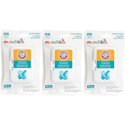 Munchkin Arm & Hammer Pacifier Wipes - Safely Cleans Breast Pump Parts and Feeding Essentials for Baby and Toddler, 3 Pack, 108 Wipes
