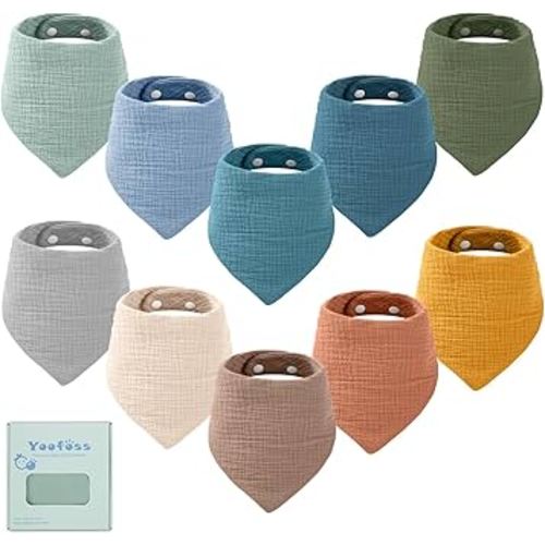 Yoofoss Muslin Baby Bibs 10 Pack 100% Organic Cotton 6-Layer Soft Absorbent Drool Bandana Baby Bibs for Drooling and Teething for Boys and Girls, Beige & Blue
