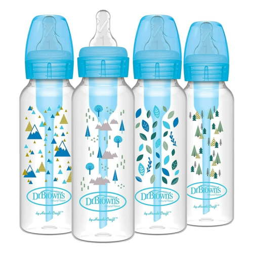 Dr. Brown s Anti-Colic Options+ Baby Bottles, Narrow, Blue Nature Designs, 8oz, 4 Pack 4 Pack, 8oz, Blue Nature