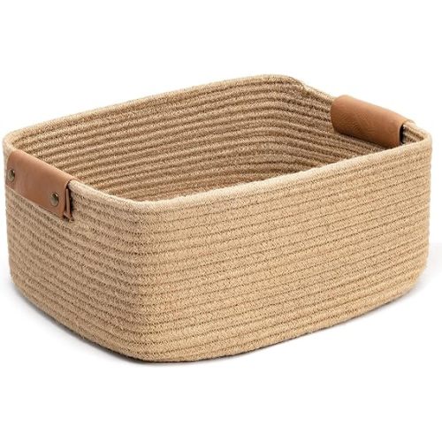CHICVITA Rectangle Jute Rope Woven Basket with Handles for Books, Magazines, Toys - Decorative Rectangle Basket for Baby Nursery, Living Room, Bathroom