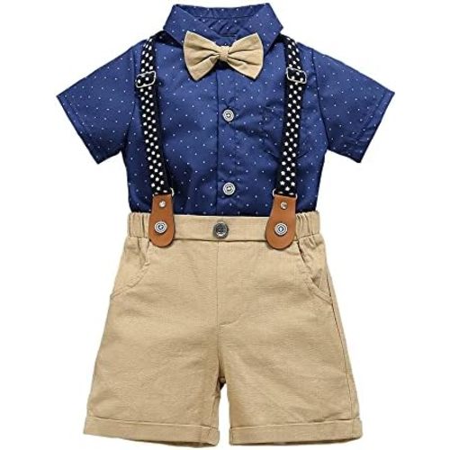 Baby Toddler Boy Formal Gentleman Suits,Dress Short Shirt With Bowtie+Suspender Pants Dressy Outfit