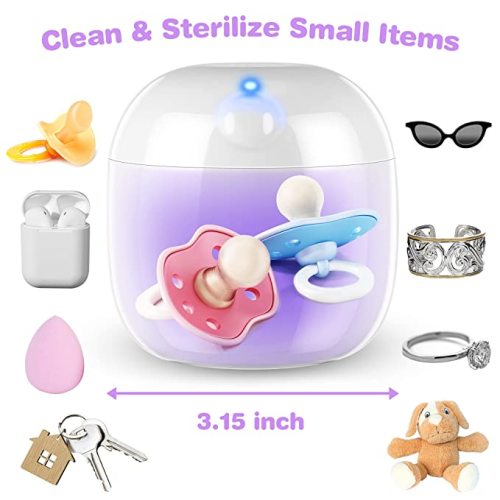 Portable Pacifier Sterilizer, Mini UV Light Sterilizer, 99.99% Sterilization in 3 Mins, USB Rechargeable, Mini UV-C Sanitizer Box for Baby Pacifier, Bottle Nipples, Teethers, Headphones, Keys (White)