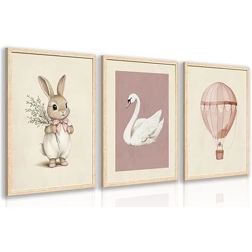 kilamino Pink Baby Girl Nursery Wall Art, Neutral Cute Rabbit and Swan Wall Decor, Vintage Hot Air Balloon Poster Prints, Pastel Bunny Animals Canvas Paintings for Baby Room Wood Framed 12"x16"x3