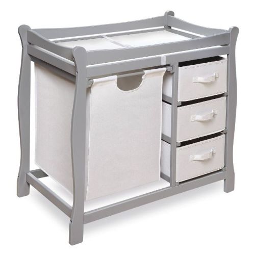 Badger Basket Sleigh Style Baby Changing Table With Hamper And 3 Baskets - Gray