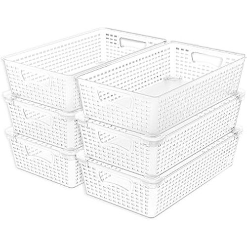 Simple Houseware Stackable Plastic Woven Basket Organizer, 6 Pack, 14.5" x 8.5" x 3.5", Clear