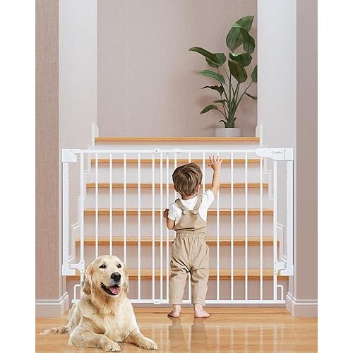 Cumbor 29.2-43" No Bottom Bar Baby Gate for Stairs, 2-in-1 Auto Close Dog Gate Indoor, Hardware Mounted Pet Gate for Doorways with Large Walk Thru Door, Child-Proof Safety Gate for Kids (White)