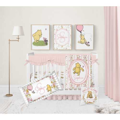 Winnie-the-Pooh Crib Bedding Set Girl, Baby Girl Crib Bedding, Classic Winnie-the-Pooh Nursery, Vintage Floral Baby Bedding Crib Sets Girl