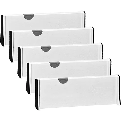 JONYJ Drawer Dividers Organizer 5 Pack, Adjustable Separators 4" High Expandable from 11-17" for Bedroom, Bathroom, Closet,Clothing, Office, Kitchen Storage, Strong Secure Hold, Foam Ends(White)