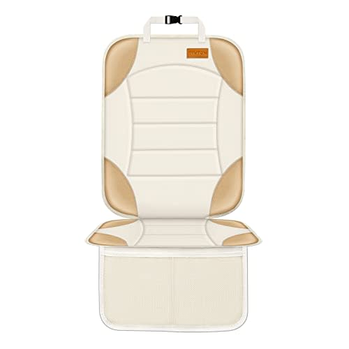 Siivton Car Seat Protector for Child Car Seats, Waterproof 600D Fabric Car Seat Cover, Non-Slip Backing, Thick Padding, Mesh Pockets for Storage, Protects Leather & Fabric Upholstery (Off-White)