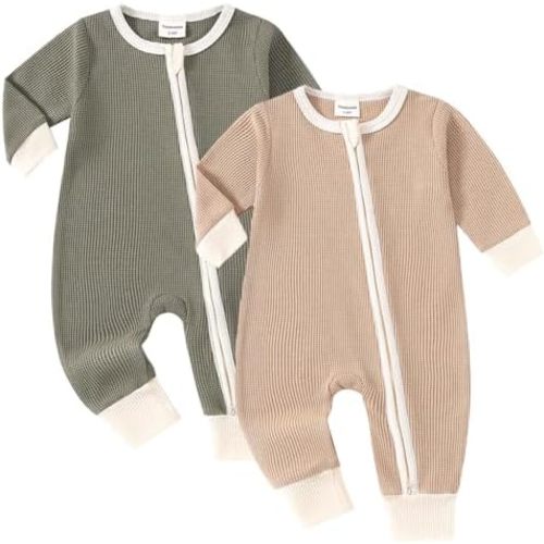 Baby 2 Pack Rompers Long Sleeve Waffle Two Way Zipper One-Piece Romper Cotton Jumpsuit Outfits