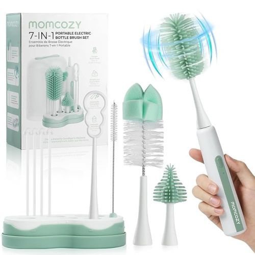 Momcozy 7 in 1 Electric Bottle Brush Kit, Portable Cleaning Set with Formula Mixer, Silicone Brush, Nipple Brush, Straw Brush, Soap Dispenser, Drying Rack - Long Battery Life for Home & Travel
