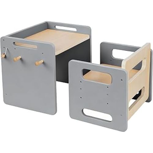 Montessori Weaning Table and Chair Set - Adjustable Design for Toddlers, Ideal for Mealtime, Learning, and Play, Grey