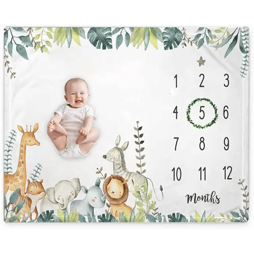 Popfavors, Yuzioey Safari Baby Monthly Milestone Blanket, Jungle Animals Baby Month Blanket , Baby Boy Blanket Growth Chart Nursery Decor, Includes Marker, White, 50Inx40In