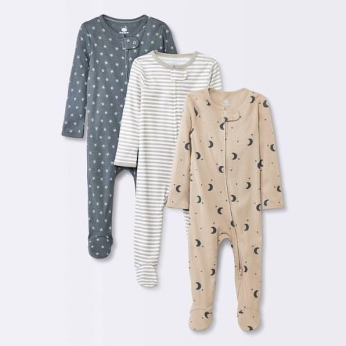 Baby 3pk Cotton Moons Sleep N' Play - Cloud Island™ Gray Newborn: Footed Pajamas, Long Sleeve, Mitten Cuff, Inverted Zipper