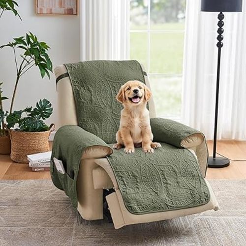 Green Quilted Recliner Covers, Water-Repellent Recliner Slipcovers, Recliner Covers Stay in Place, Pet Friendly Recliner Cover for Dogs, Washable Chair Protector (Recliner 22", Olive Green)