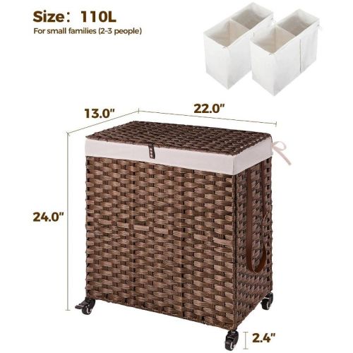 Greenstell Laundry Basket with Lid, Two Removable Inner Lining Bags, Two-compartment Garment Storage Basket, Brown