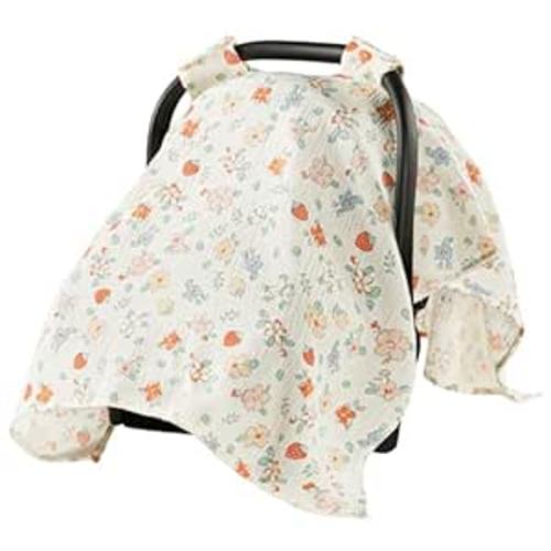100% Muslin Cotton Car Seat Cover for Baby, Soft Breathable Car Seat Canopy, Universal Infant Carseat Cover Sun Protector, Lightweight Summer Stroller Cover for Boys Girls - Strawberry