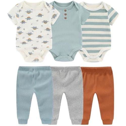 Baby Bodysuit and Pant Set 6-pcs Ribbed Soft Infant Boy Girl Clothes Outfits