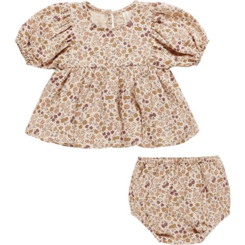 Baby Francy Posy Puff Sleeve Organic Cotton Dress with Bloomers, 6-12M, Shell