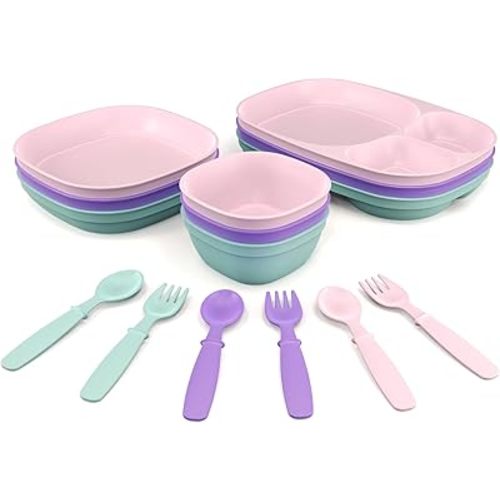 Kid’s Dinnerware Set - 15 Pieces - 3 Place Settings - Tough Tableware for Toddlers - Made in the USA - Dishwasher and Microwave Safe - BPA Free and Shatter Resistant (Pastel)