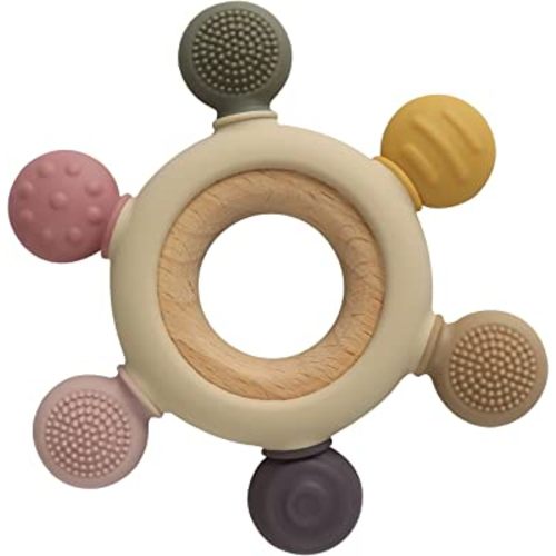 Arudyo Baby Teething Toys Silicone Teethers BPA Free Silicone Rudder with Wooden Ring Soothe Babies Gums (Khaki)