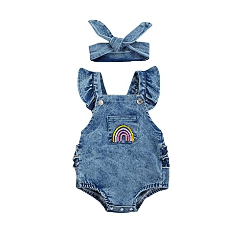 Fanvereka Newborn Baby Girls Rainbow Rompers Sleeveless Summer Ruffle Bodysuit Denim Rib Jumpsuit Headwear 2pcs Outfit