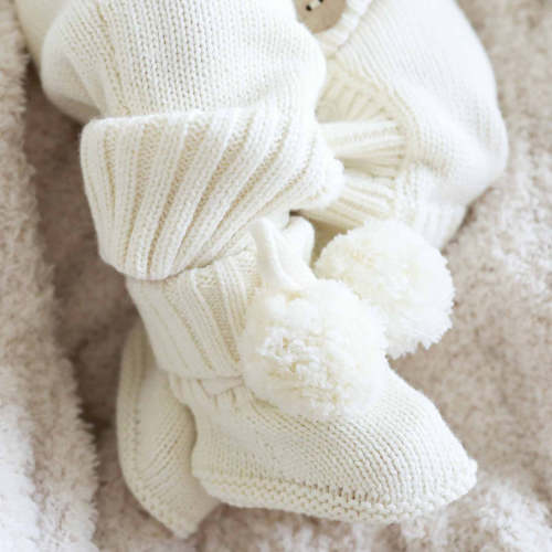 Knit Pom Pom Baby Booties | Ivory