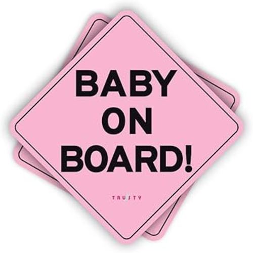 TRUSTY 2 Small Baby On Board Sticker Signs REPOSITIONABLE Decal for Cars (4", Pink)