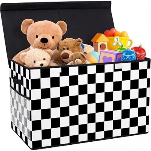 Youyole Extra Large Checkered Storage Box Chest Truck Collapsible Storage Organizer with Lids 25"x13"x16" Rectangular Checkered Basket Bin for Living Room Bedroom Office Closet Shelf