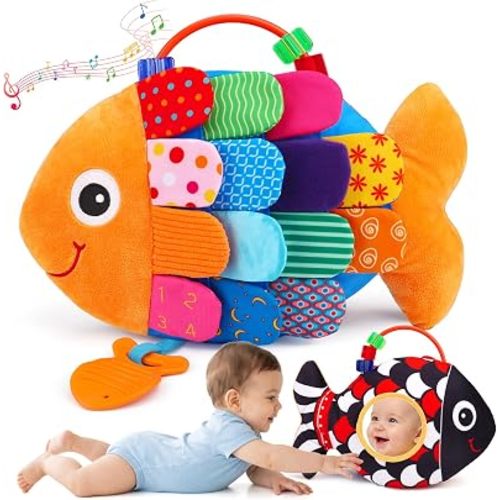 Baby Sensory Toys 0-6 Months Music Tummy Time Flip Fish Toys for Infant 2 3 4 5 6 Month with Mirror Crinkle Rattle Teether for 0-3-6-12 Months High Contrast Baby Toys for Newborn Girl Boy Shower Gifts