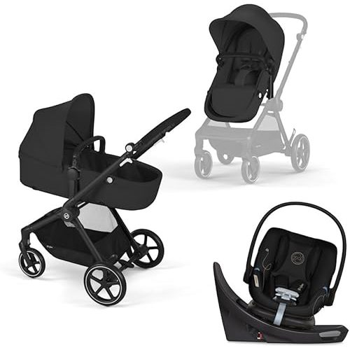 Cybex EOS 5-in-1 Travel System Stroller + Lightweight Aton G Swivel Infant Car Seat, Moon Black, Black Frame