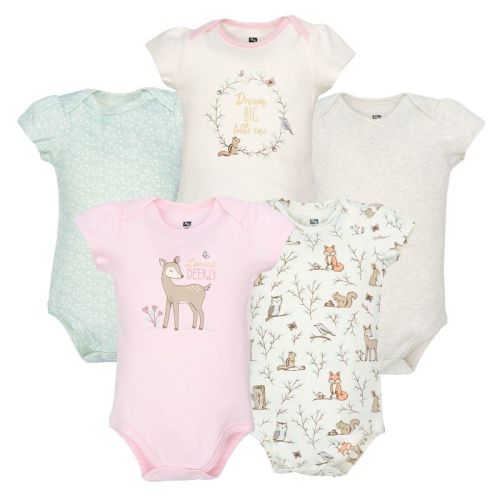 Hudson Baby Infant Girls Cotton Bodysuits 5-Pack, Enchanted Forest, 0-3 Months