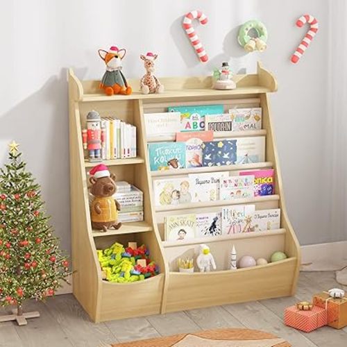 FKWin Kids Bookshelf, Kids Toy Storage Organizer, Baby Storage Book Rack, 4 Tier Kids Wooden Bookshelves, 4 Layer Sling Bookcase for Playroom, Bedroom, Living Room, Kids Room, Nursery, School(Natural)