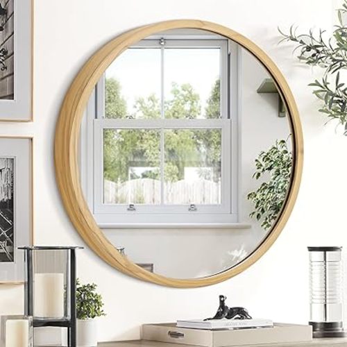 JJUUYOU Round Wall Mirror Decorative Circular Mirror for Bathroom Small Decor Circle for Wall Mounted Metal Framed Make up Farmhouse Living Room Bedroom Dorm 16Inch