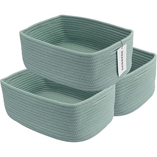 Small Woven Storage Baskets 13“X9”X5“ Decorative Rope Bins for Organizing Shelves, Closets, and Toys, Empty Gift Baskets, Cute Organizer Basket for Home and Office (green, Large)