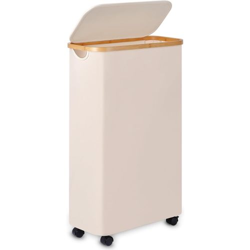 Slim Laundry Basket with Wheels,Narrow Hampers for Laundry,Freestanding Laundry Hamper with Lid&Bamboo Handles,Collapsible & Waterproof Tall Cloth Hamper for Dorm Family(60L Beige)