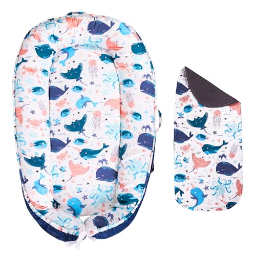 Baby Lounger - Infant & Newborn Lounger with 2-Inch Mattress Pad, Soft Baby Lounger Cover, Waterproof Urine Liner & Pad Cover - Available in 15 Patterns - BL12 Velvet Blue Sea Animals