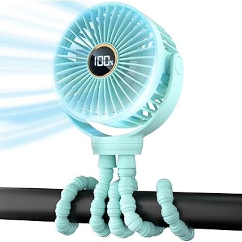 Portable Stroller Fan, Small Battery Powered Fan w/ 360° Rotation, 3-Speed, Rechargebale Mini Personal Fan w/Display, Stroller Accessories Gift for Car Seat, Crib, Bike, Treadmill, Aqua