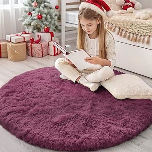 OLANLY Burgundy Round Rugs for Bedroom - Machine Washable, 4x4 Feet Circle Area Rugs for Living Room, Soft and Fluffy Shaggy Carpet for Teen Girls and Boys, Dorms, Nursery Rooms, Home Decor Aesthetic