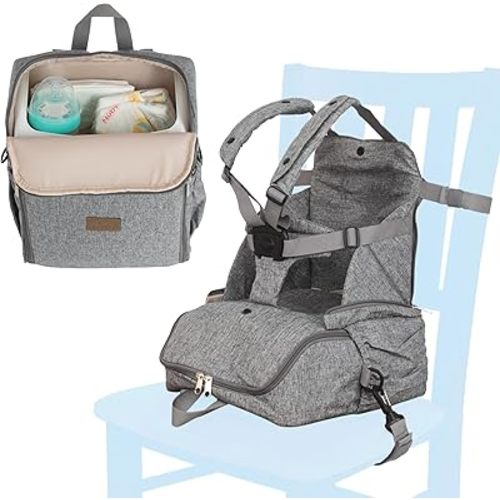 Nuby Easy Go 2-in-1 Backpack Booster Seat with Adjustable 5-Point Safety Harness – Portable Travel High Chair with Storage Compartment, Holds Up to 55 lbs, 9+ Months
