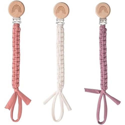 Pacifier Clip for Boys Girls Pacifier Holder Leash Boho Rainbow Wooden Clips Handmade Braided Cotton Unisex Baby Shower Birthday Gift Christmas Gift