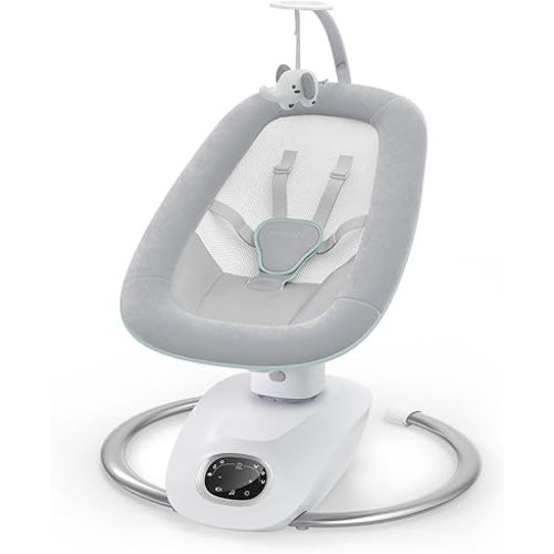 Momcozy CocoSway 3D-Motion Baby Swing for Infants to Toddlers, 6 Motion Modes & 4 Speeds, 180° Rotating Seat, Remote Control, Reclining Seat with 5-Point Harness, 8 Preset Lullabies, Grey