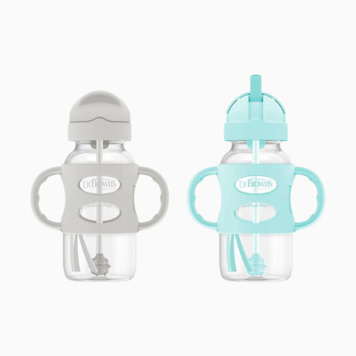 Dr. Brown's Wide-Neck Sippy Straw Bottle with Silicone Handles (2 Pack) - Gray & Green, 9 Oz, 2