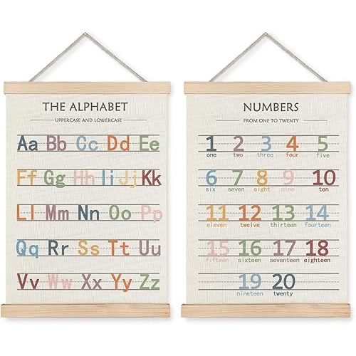 LUVADIAN Playroom Decor Alphabet Poster - Alphabet Numbers Educational Poster Hanger Frame Set of 2, Toddler Learning Posters for Nursery Kids Room Playroom Classroom Decor, 12x16 Inches