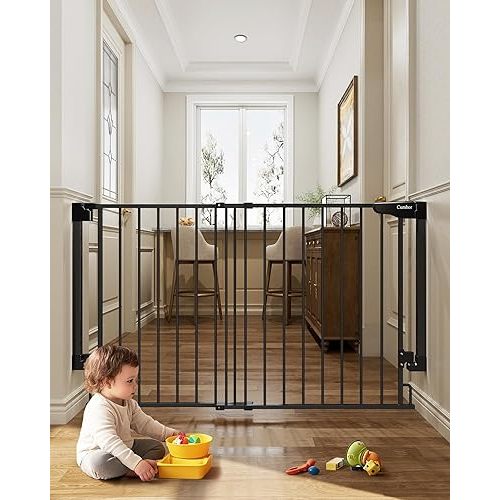 Cumbor 31.6-48" No Bottom Bar Baby Gate for Stairs, 2-in-1 Auto Close Dog Gate Indoor, Hardware Mounted Pet Gate for Doorways with Large Walk Thru Door, Child-Proof Safety Gate for Kids (Black)
